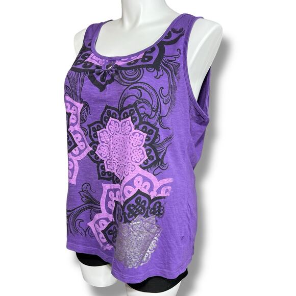 Faded Glory Womens Tank Top Sleeveless Keyhole Scoop Neck Purple Floral Print 2X - Picture 6 of 8